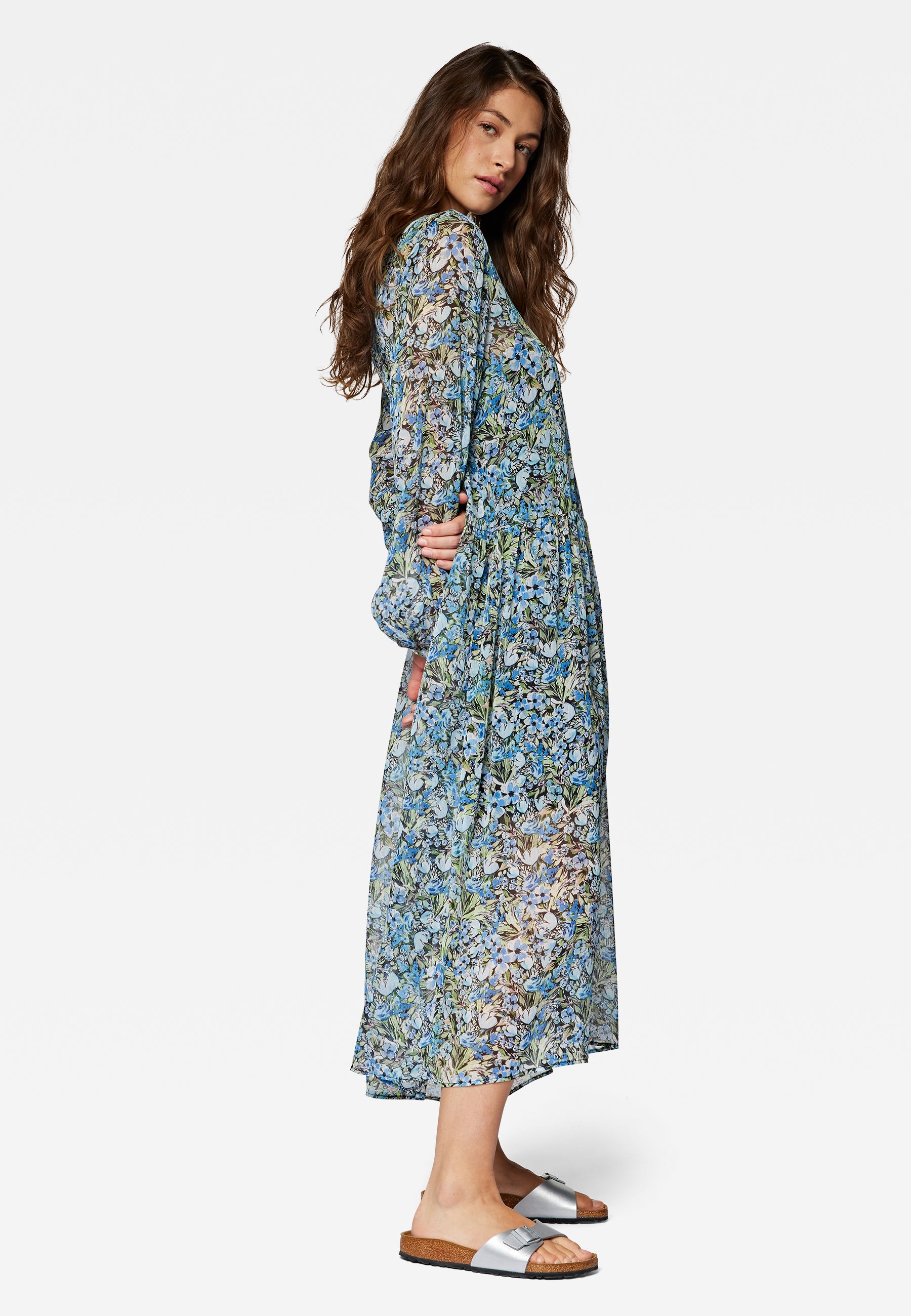 Long Sleeve Woven Dress in Blue Garden Print Dresses Mavi   