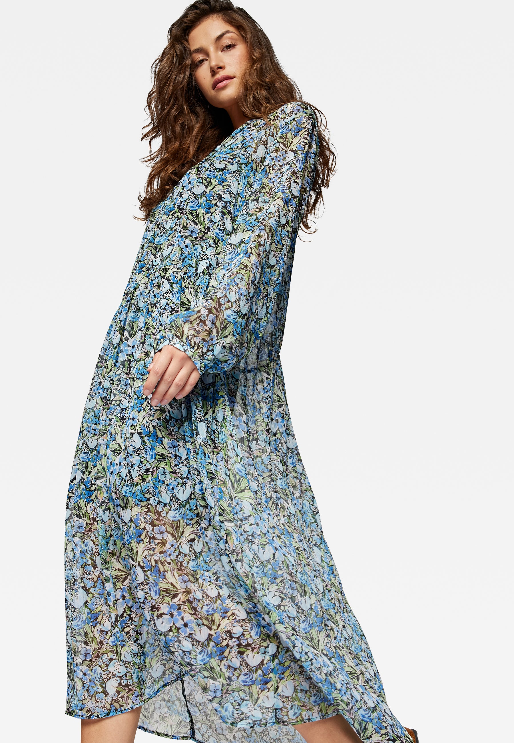 Long Sleeve Woven Dress in Blue Garden Print Dresses Mavi   