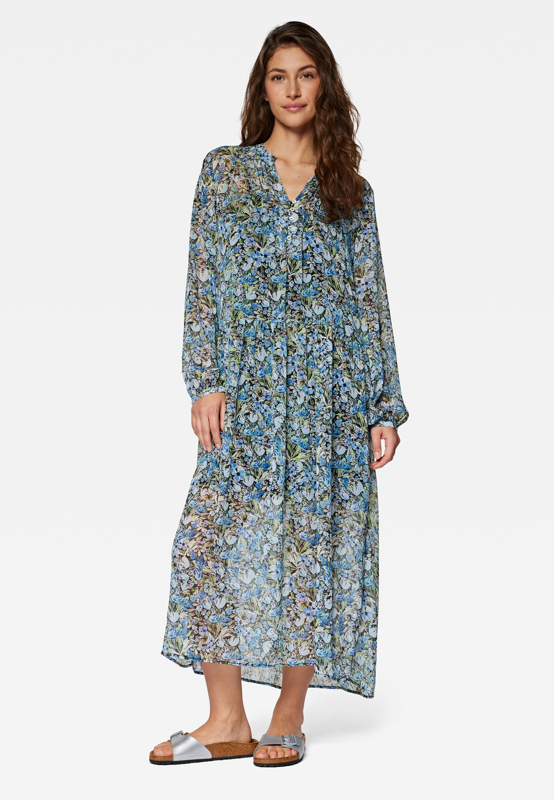 Long Sleeve Woven Dress in Blue Garden Print Dresses Mavi   