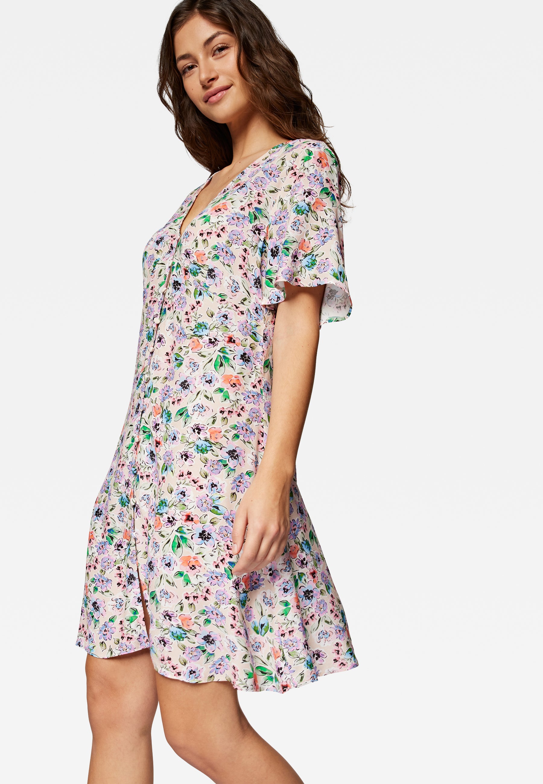 Short Sleeve Woven Dress in Watercolor Print Dresses Mavi   