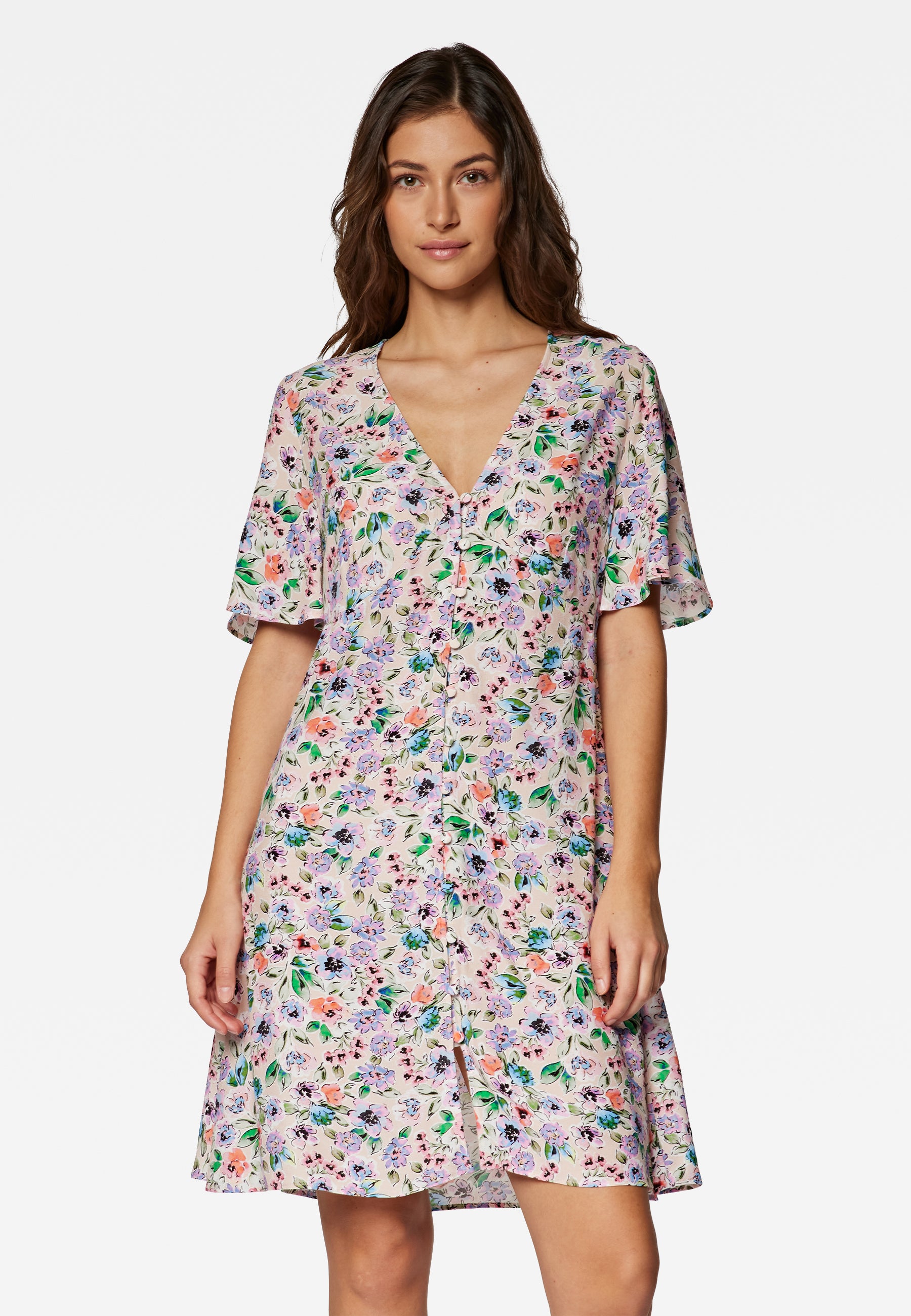 Short Sleeve Woven Dress in Watercolor Print Dresses Mavi   