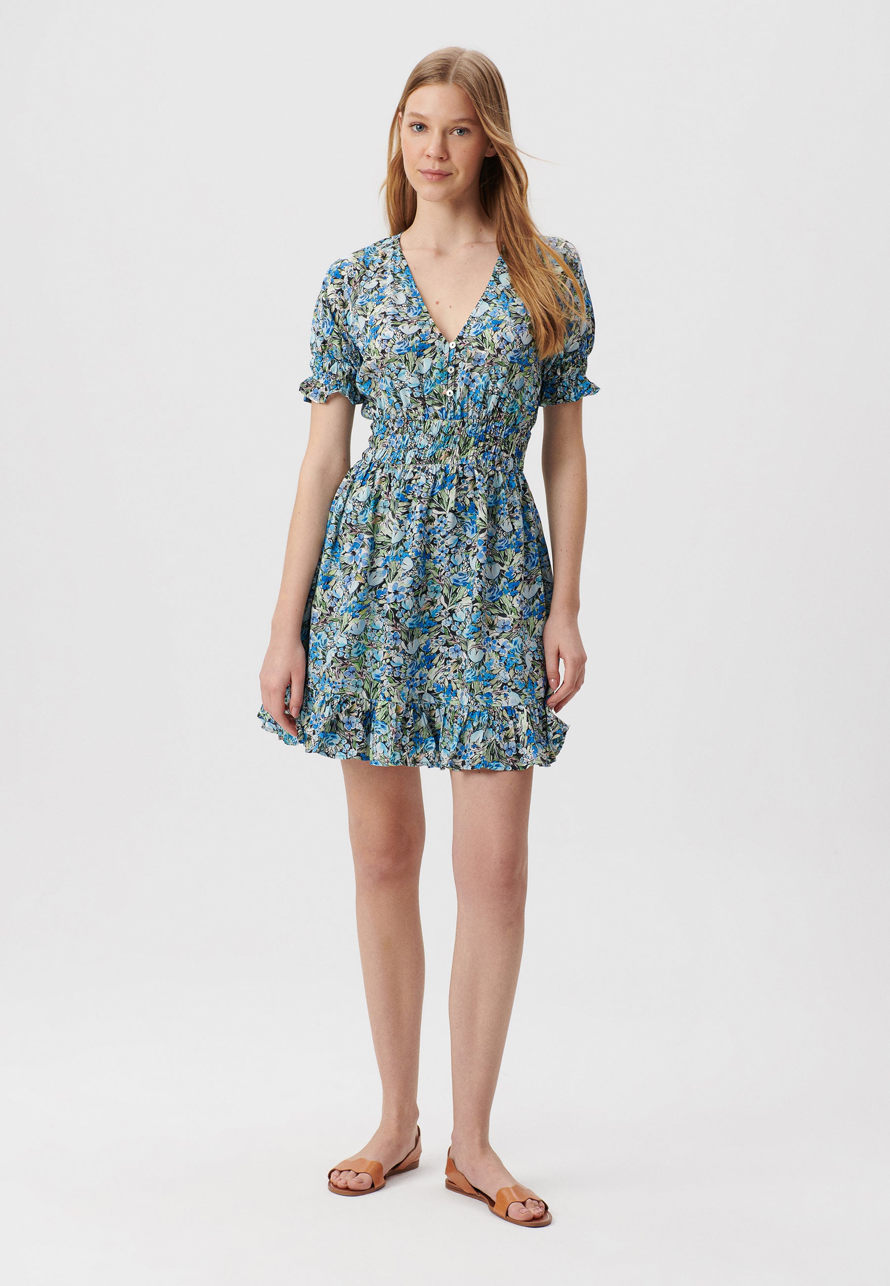 Short Sleeve Woven Dress in Blue Garden Print Dresses Mavi   