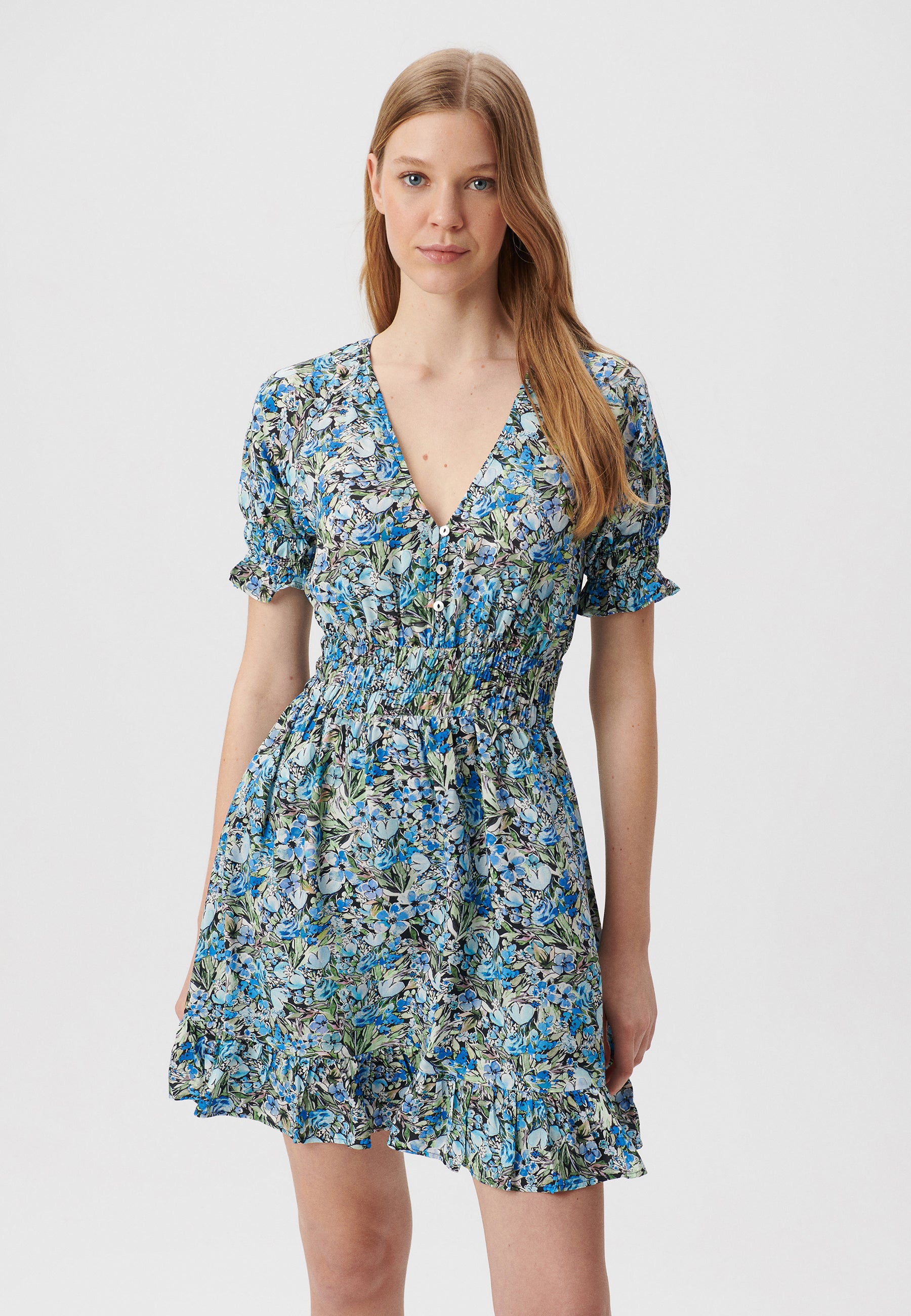 Short Sleeve Woven Dress in Blue Garden Print Dresses Mavi   