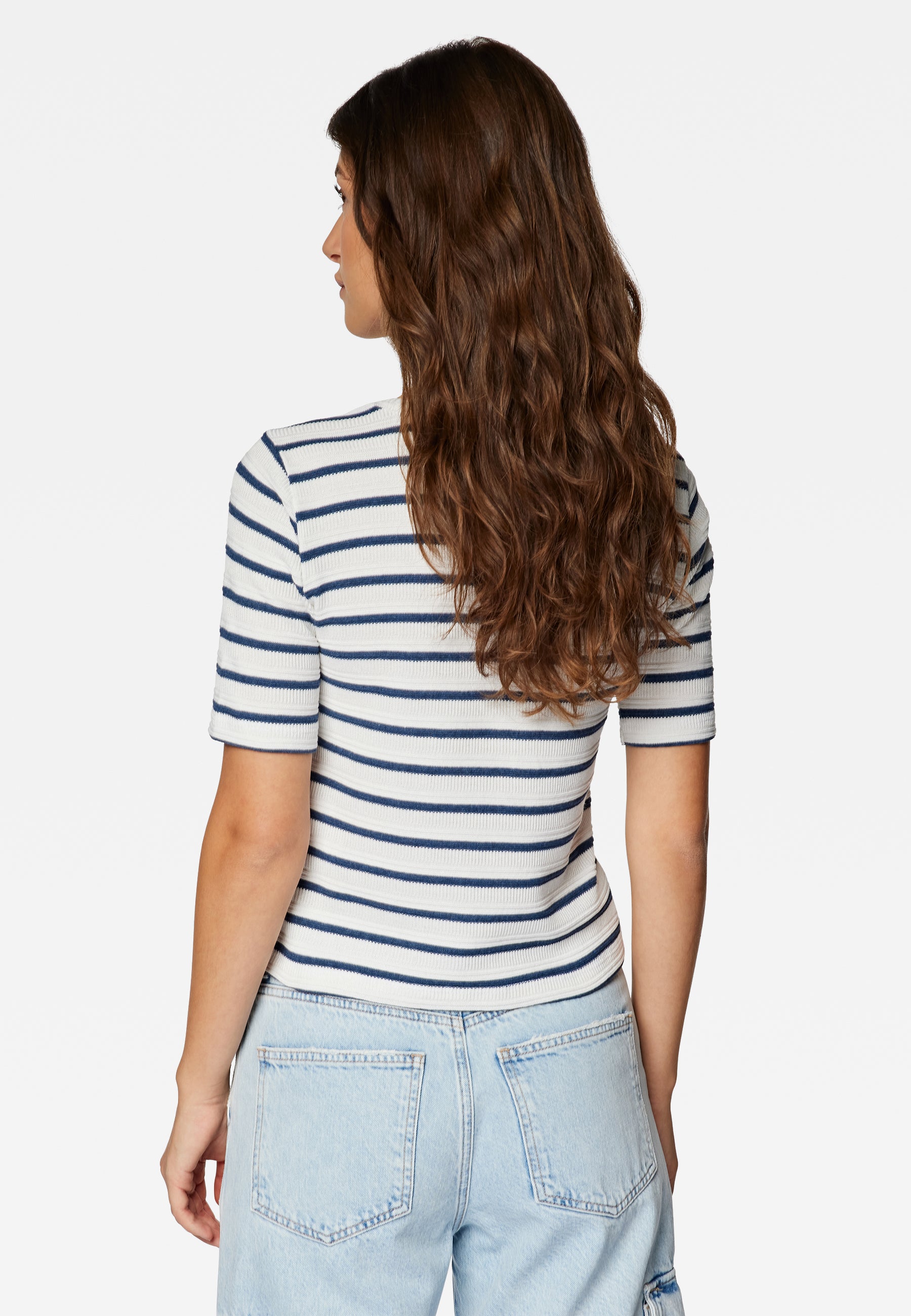 Crew Neck Jersey in Navy Blue Stripe T-Shirts Mavi   