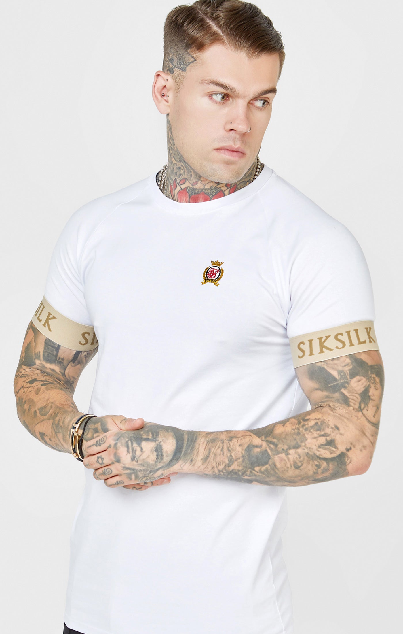 Crest Elasticated Cuff T-Shirt in White T-Shirts SikSilk   