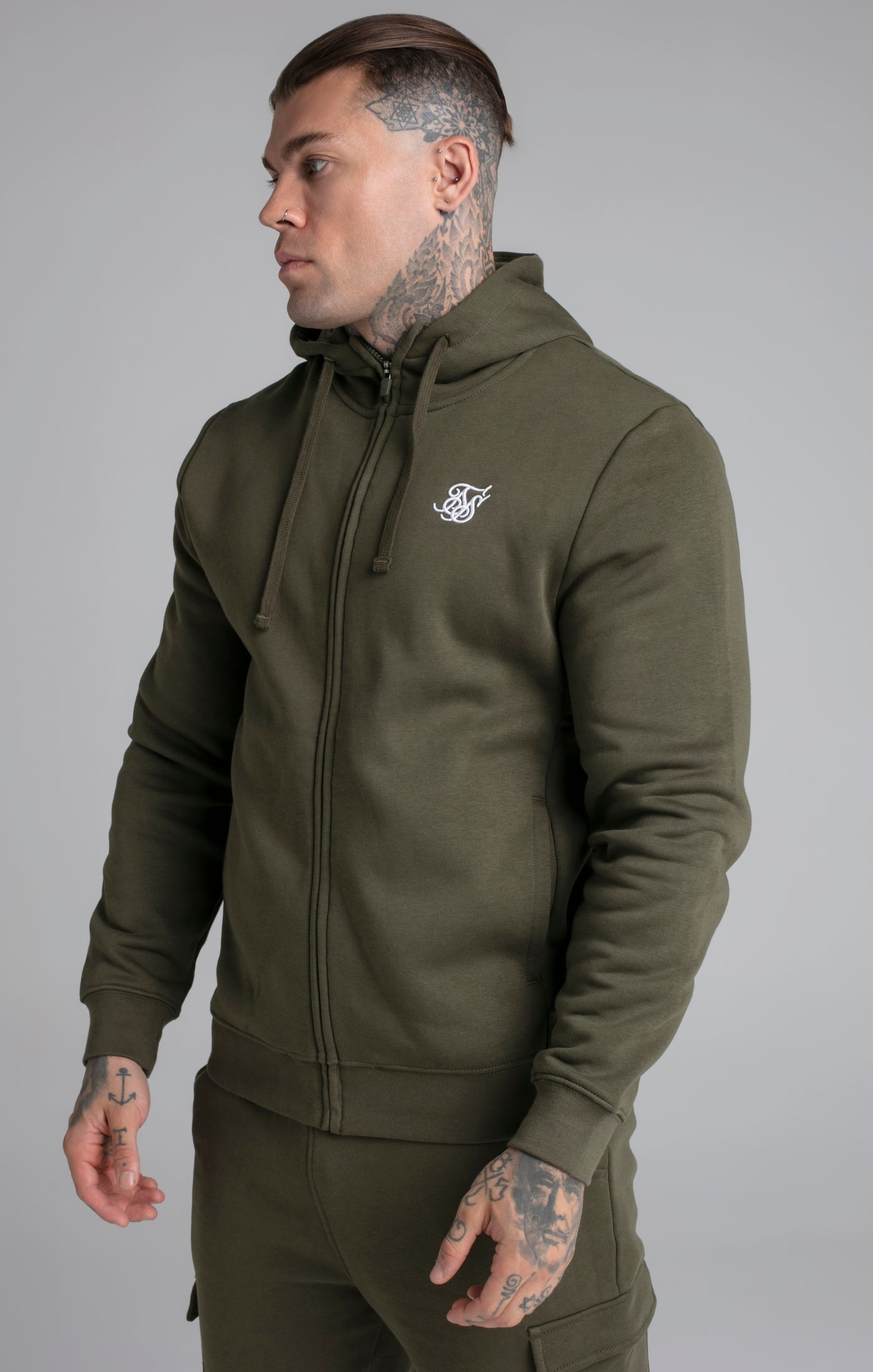 Essential Zip Through Funnel Hoodie in Khaki Hoodie SikSilk   