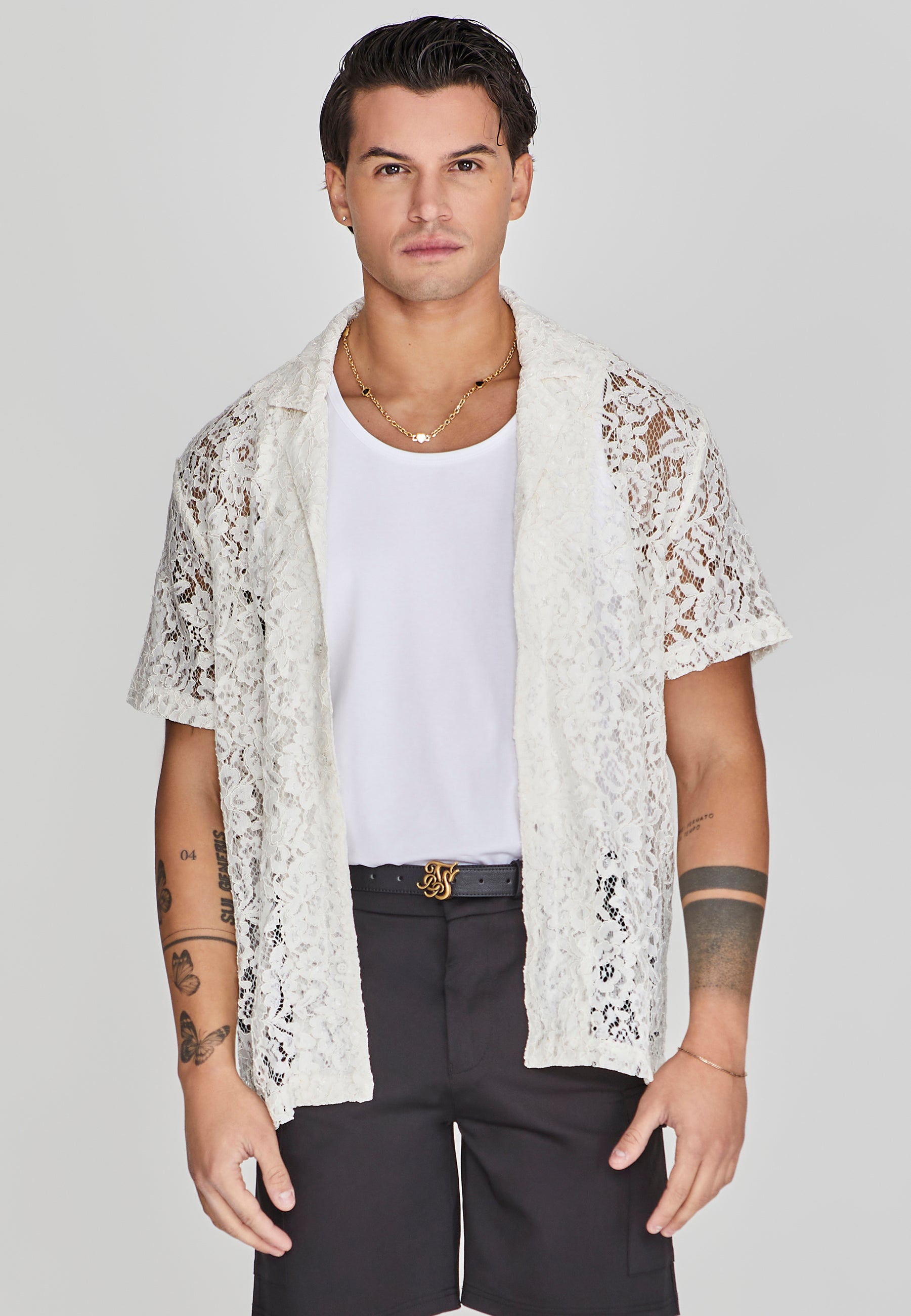 Lace Resort Shirt in Ecru Shirts SikSilk   