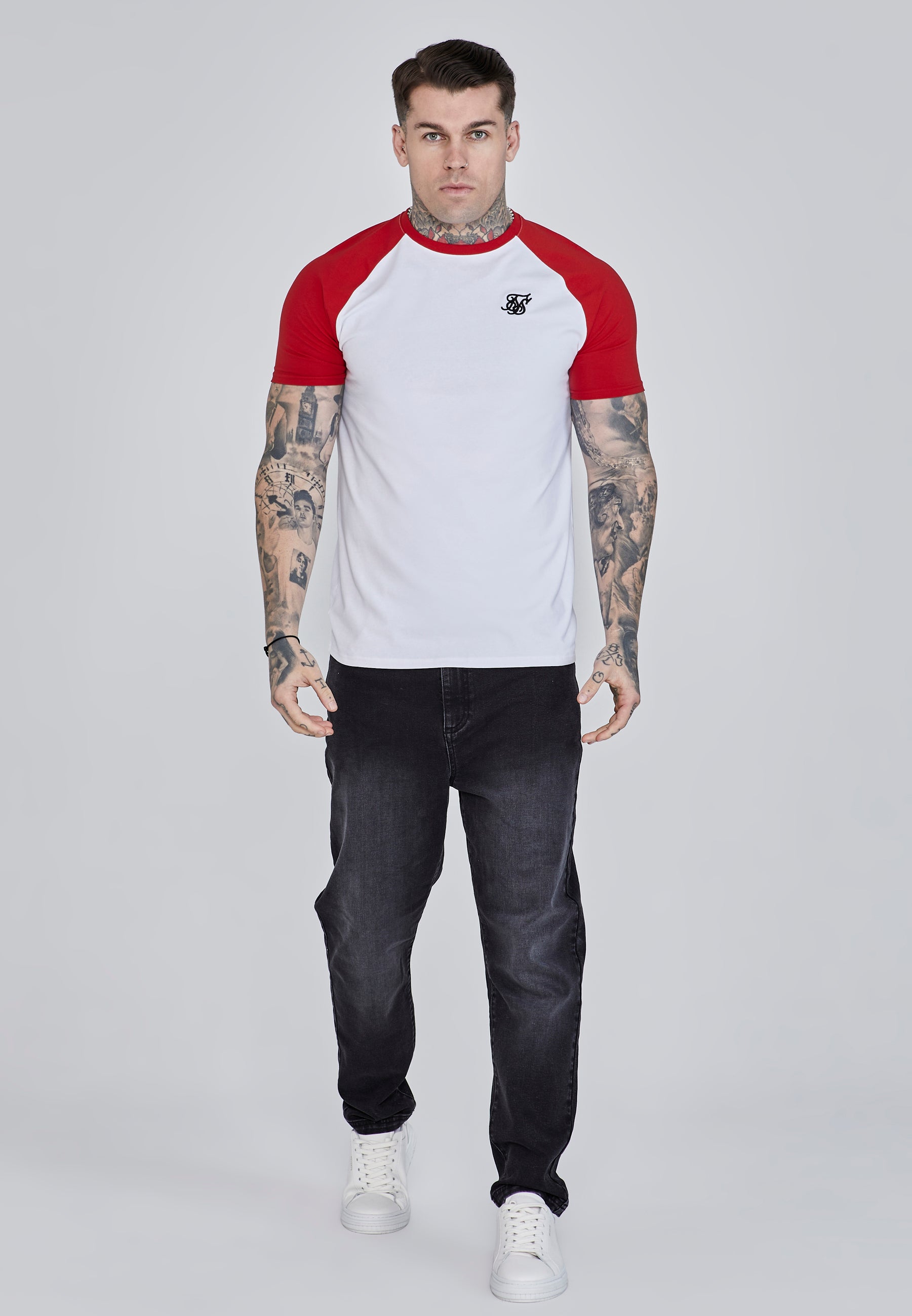 Raglan T-Shirt in White, Red T-Shirts SikSilk   