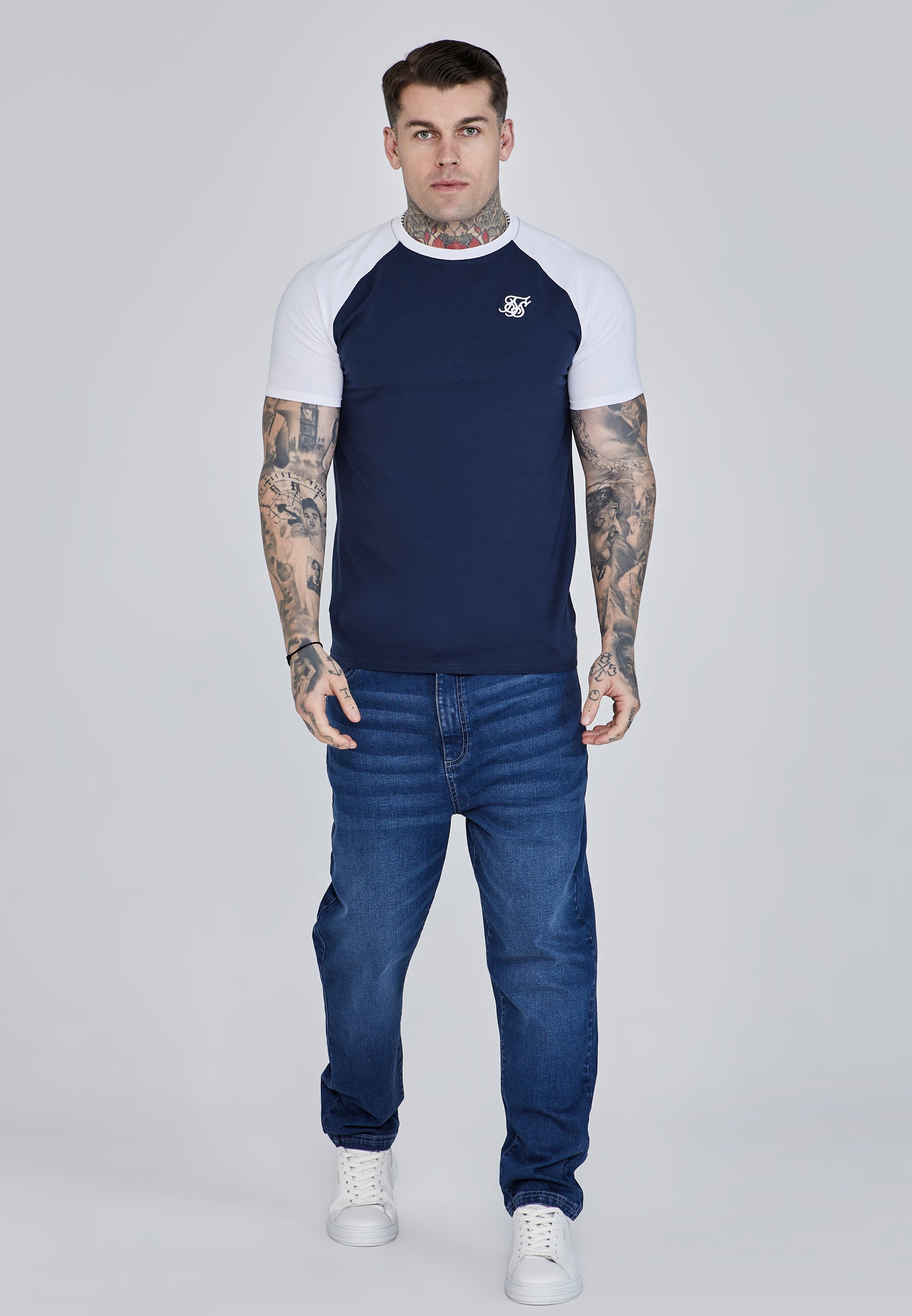 Raglan T-Shirt in Navy, White T-Shirts SikSilk   