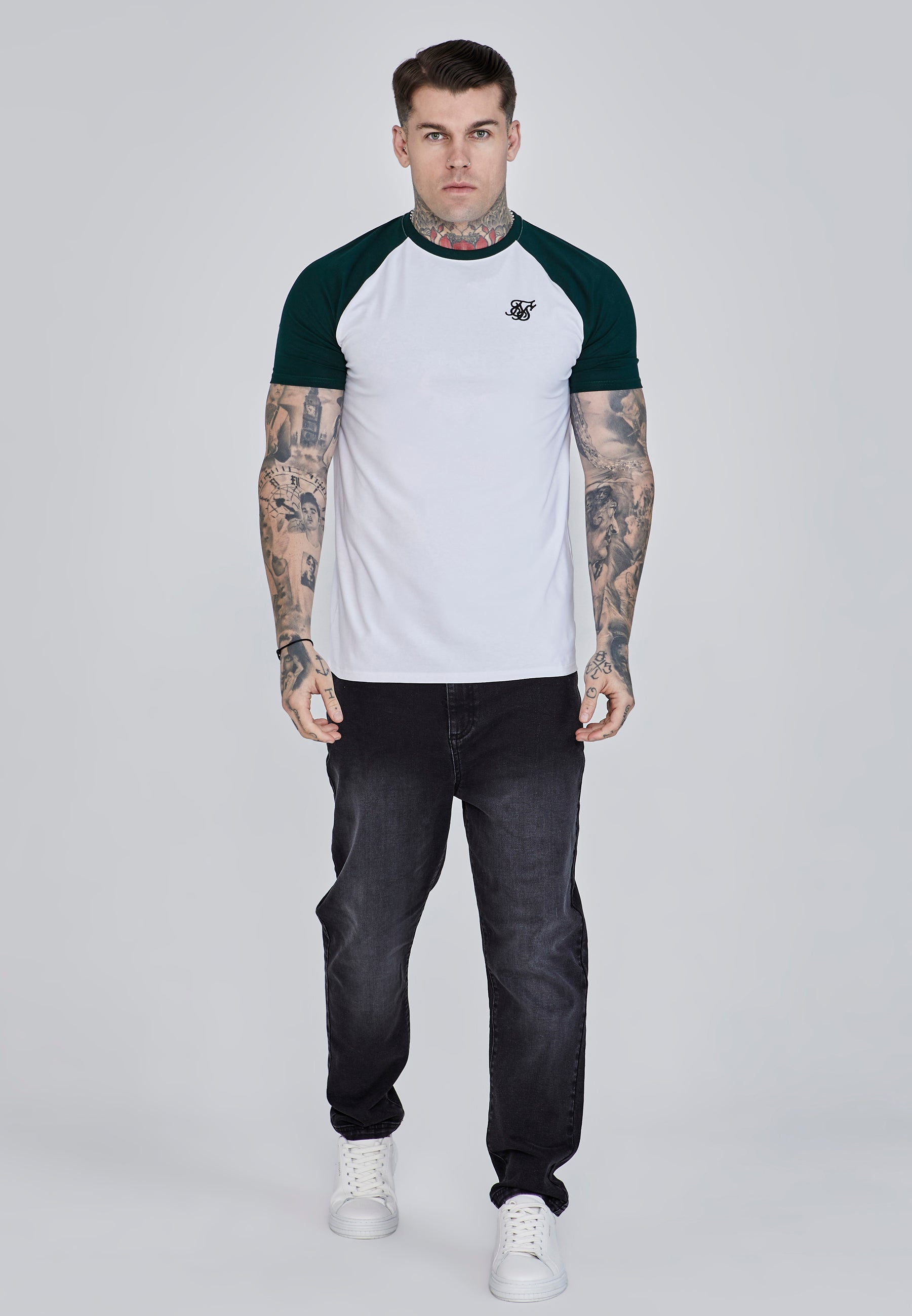 Raglan T-Shirt in White, Green T-Shirts SikSilk   