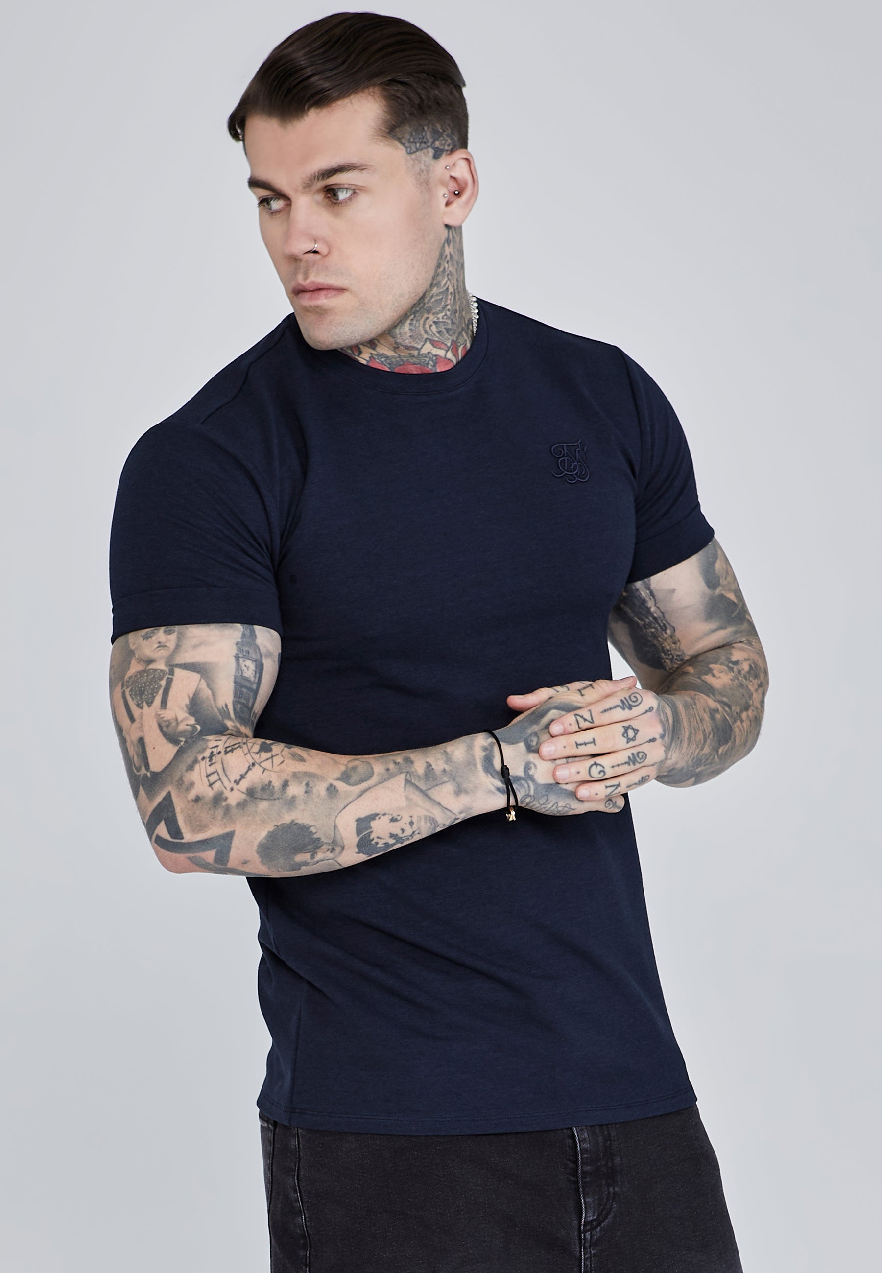 Roll Sleeve T-Shirt in Navy T-Shirts SikSilk   