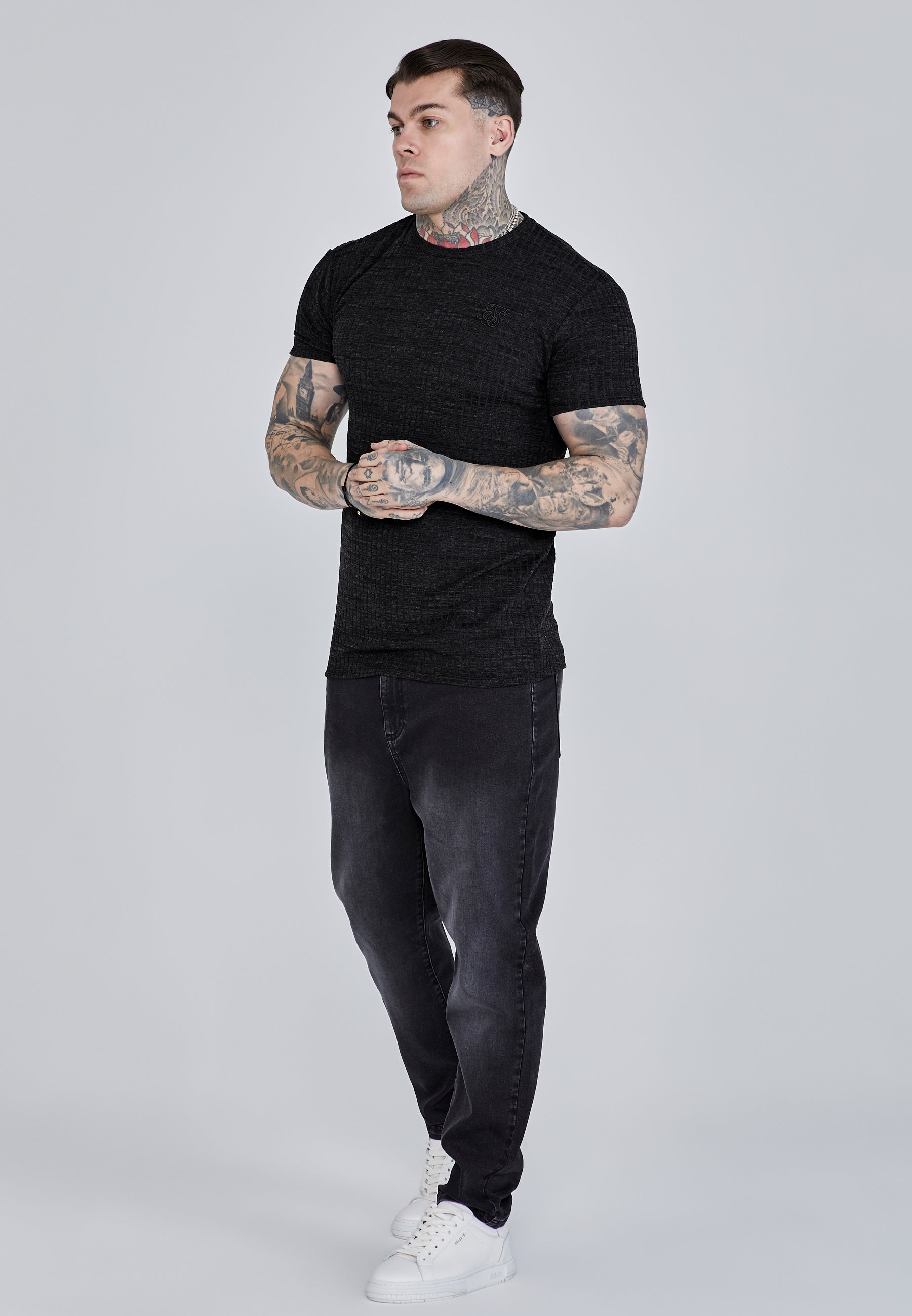 Rib Knit T-Shirt in Black T-Shirts SikSilk   