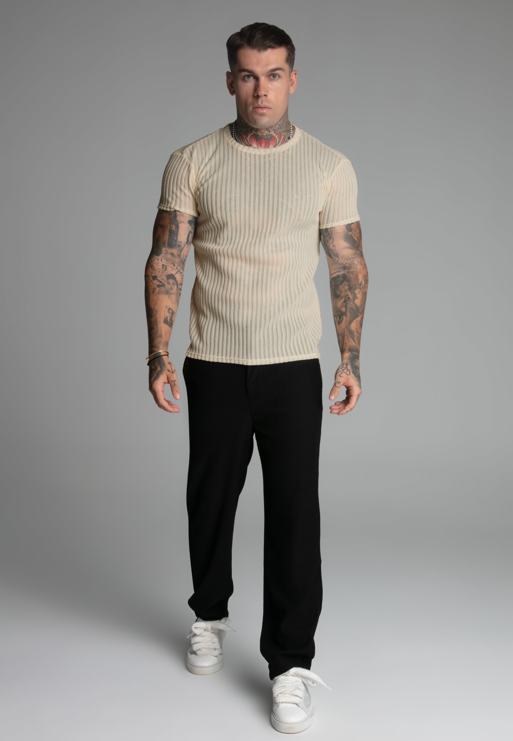Textured Muscle Fit T-Shirt in Ecru T-Shirts SikSilk