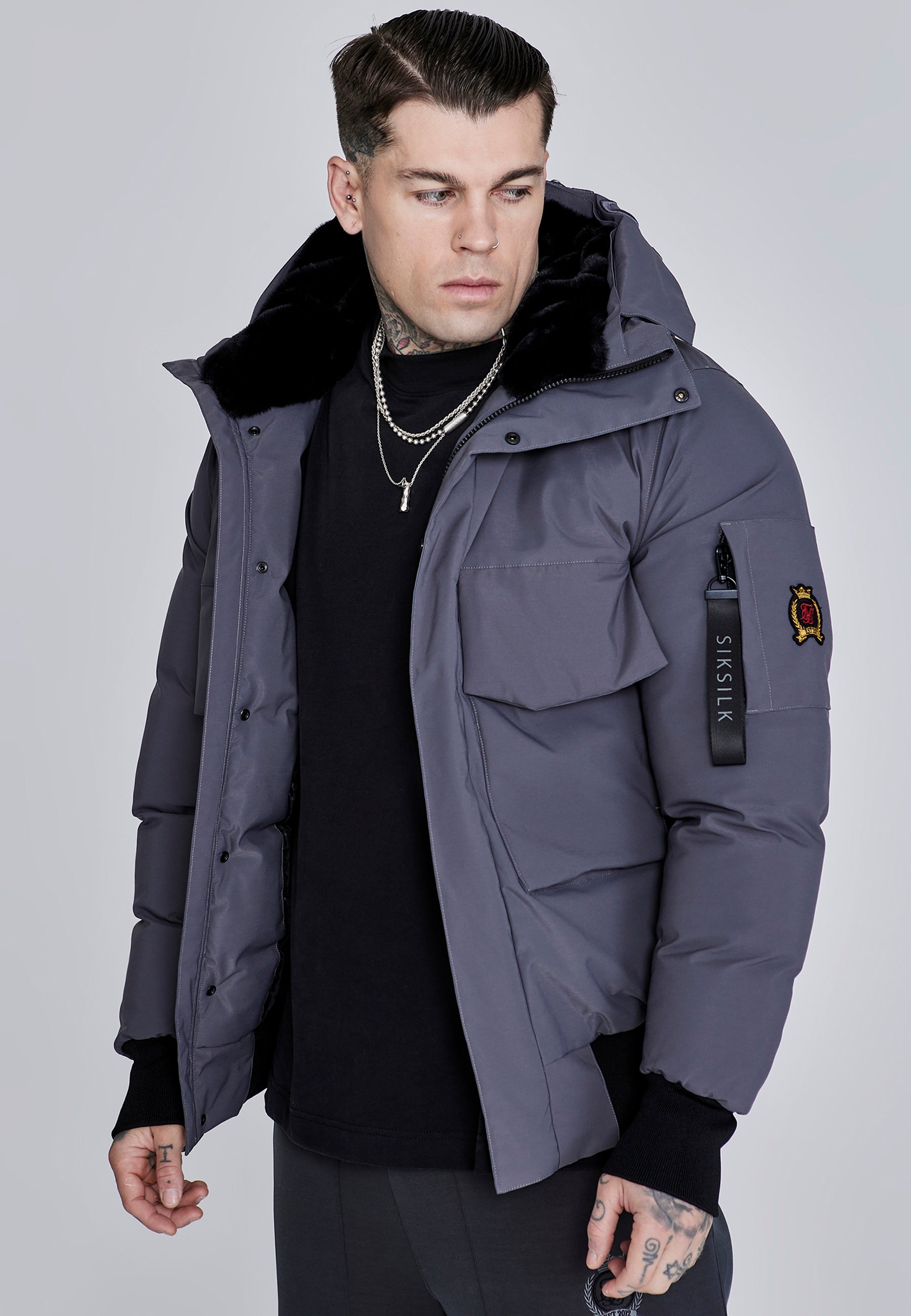 Hooded Bomber Jacket in Grey Jackets SikSilk