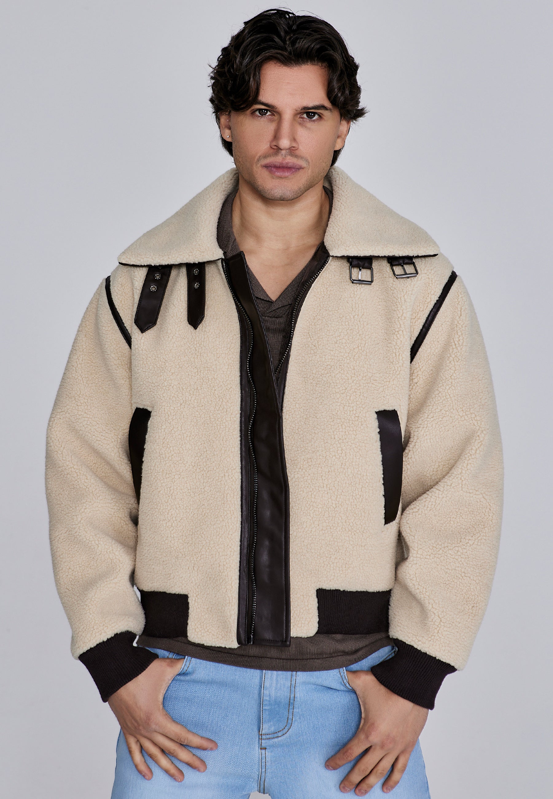 Sherpa Bomber Jacket in Beige Jackets SikSilk