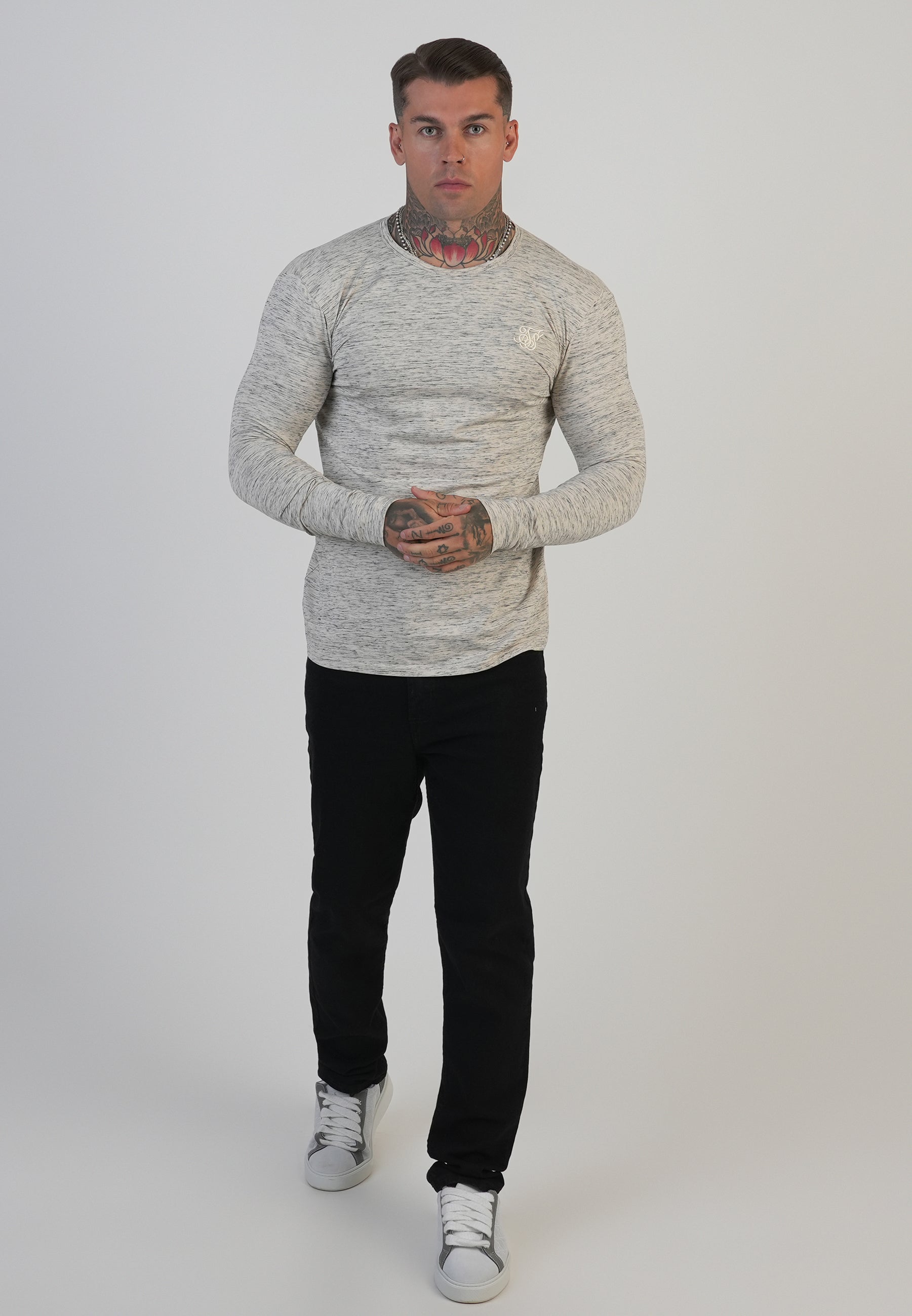 Long Sleeve Marl T-Shirt in White T-Shirts SikSilk