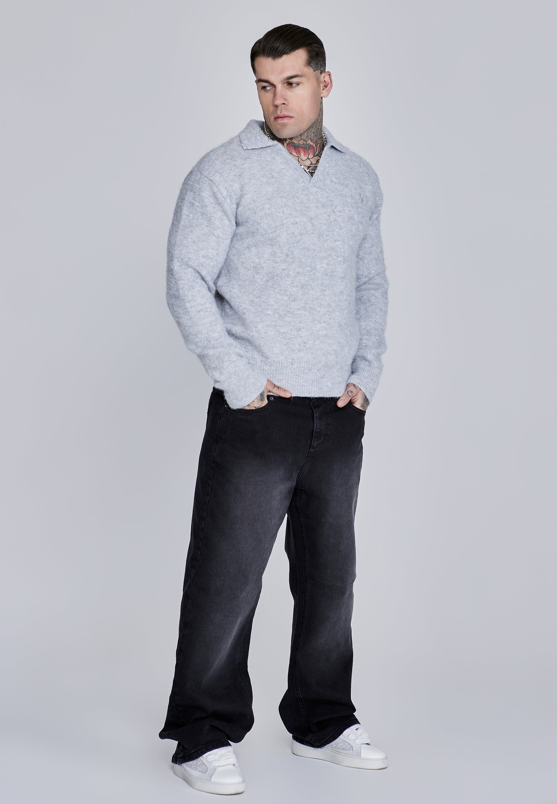 Knitted Polo Sweater in Grey Sweater SikSilk