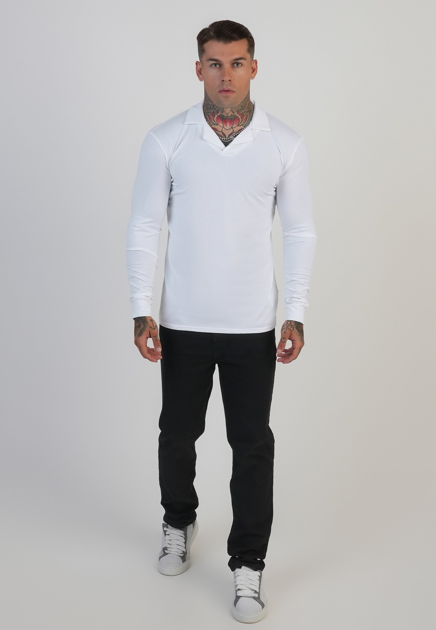 Long Sleeve Revere Polo in White T-Shirts SikSilk