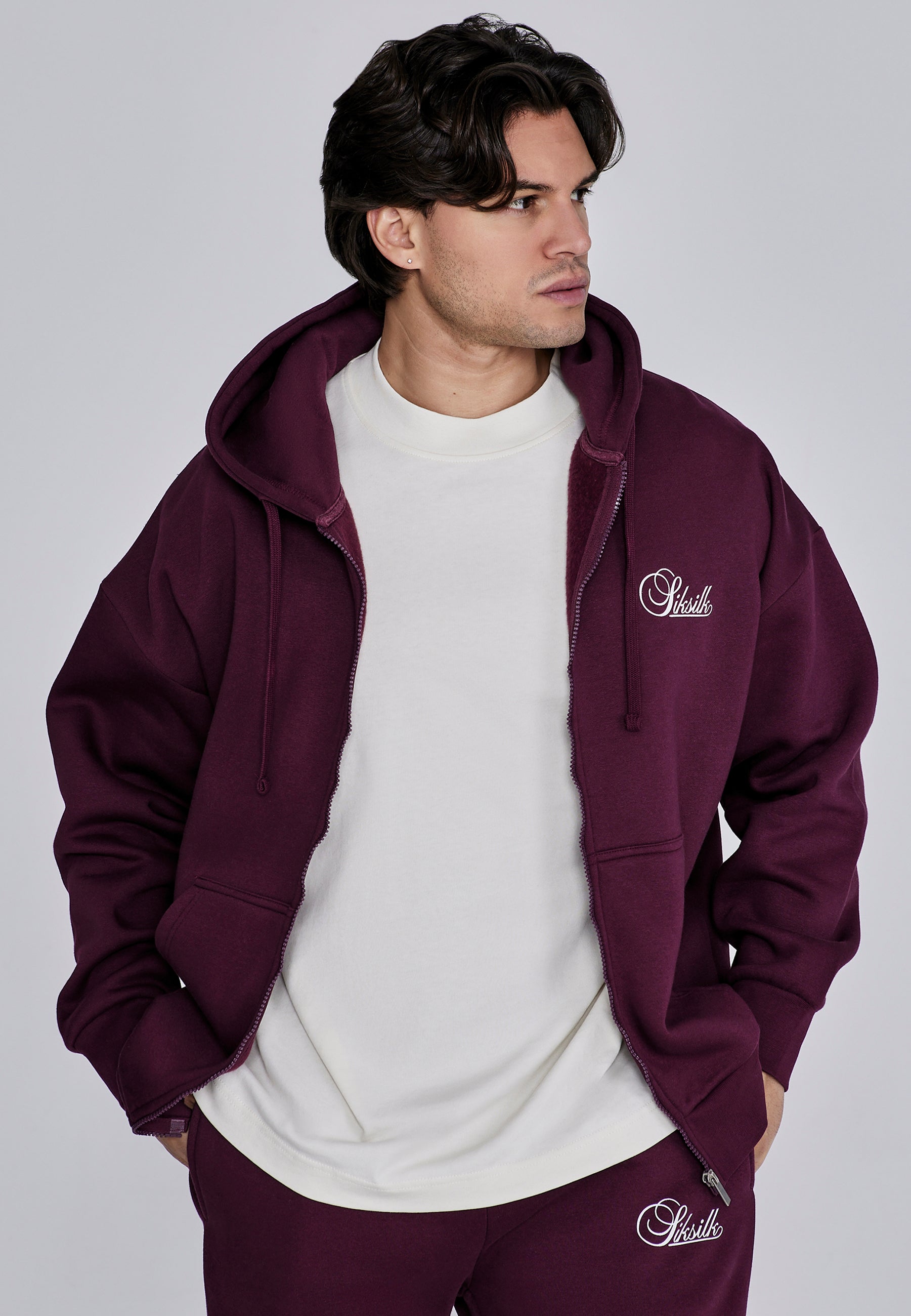 Essentials Full Zip Hoodie in Burgundy Sweat Jackets SikSilk