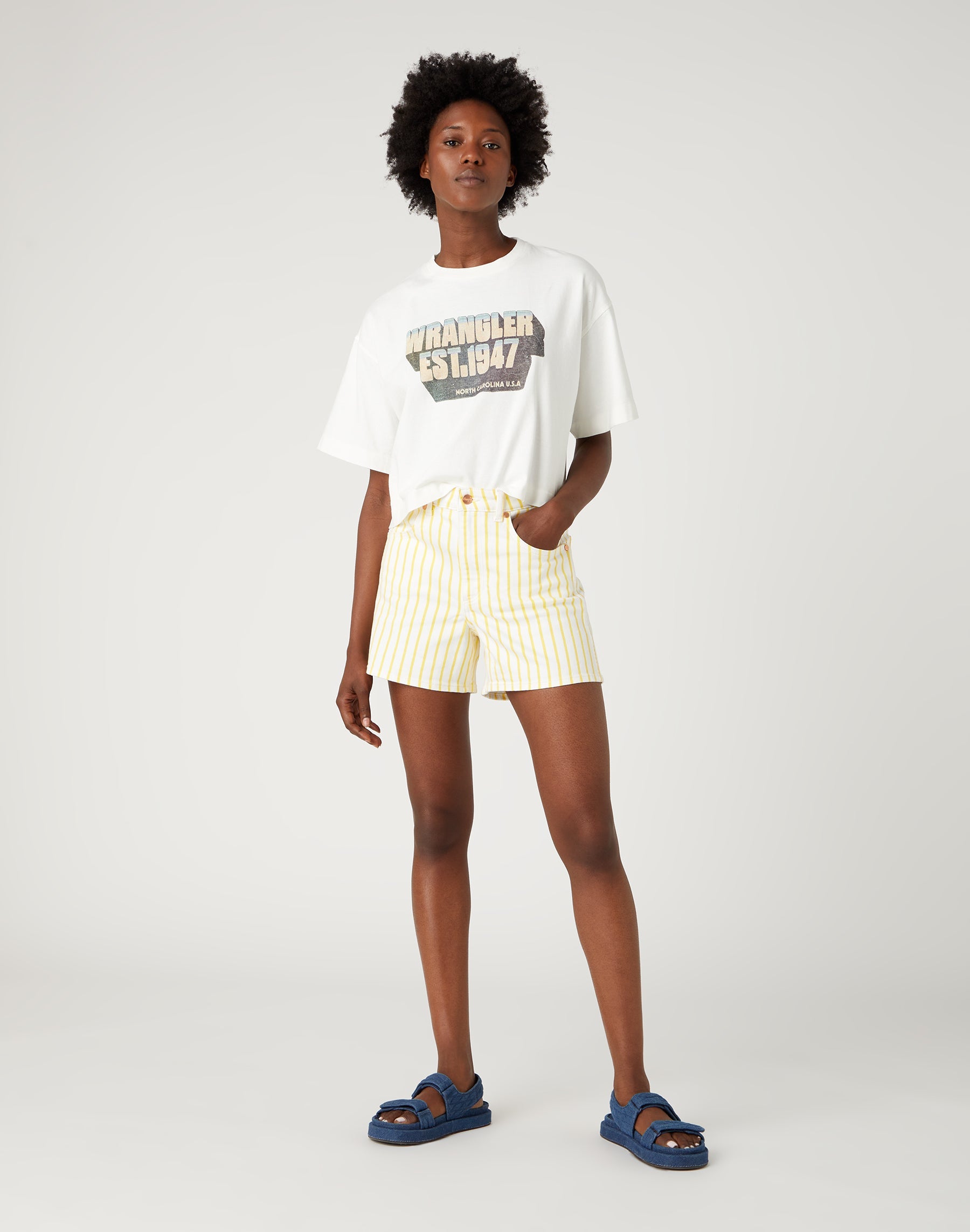 Donna in Sunshine Stripes Jean Shorts Wrangler   