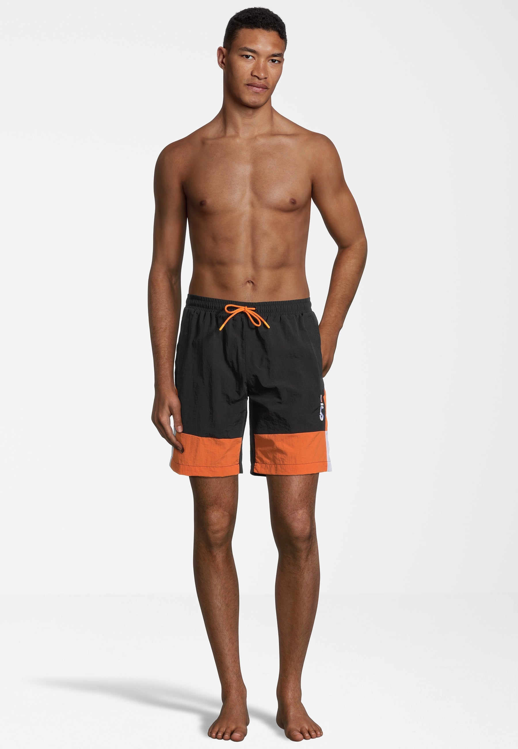 Sciacca Swim Shorts in Black-Celosia Orange-Bright White Swim Shorts Fila   